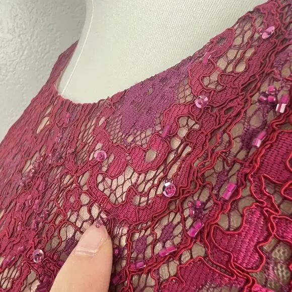 Marchesa Notte Dress Womens 6 Magenta Lace Midriff Cocktail Wedding Guest Glam